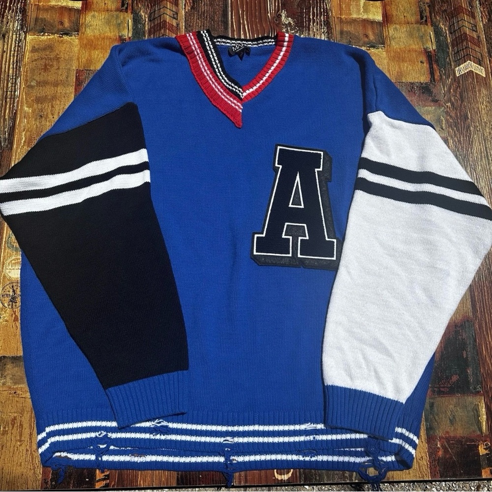 boohoo Man Sweater XL Towelling A Distressed Knit V Neck Oversized Varsity Bloke